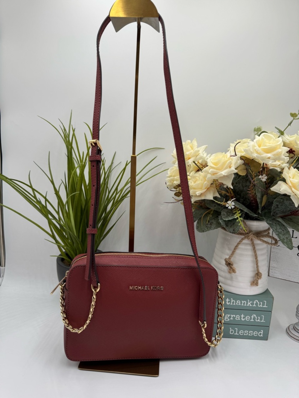 Michael Kors Jet Set Camera Small Sienna Red Patent Leather Crossbody Bag
